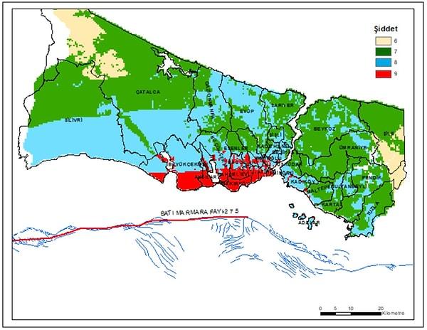 "SENARYO 3- Batı ve Orta Marmara Fayı birlikte kırılırsa (zayıf ancak olası bir senaryo) deprem büyüklüğü 7.5, olası şiddet Mimarsinan-Eminönü sahiline paralel olarak 10-15 km boyunca ve Anadolu yakasının zayıf zeminlerinde IX ve üzeri olabilir."