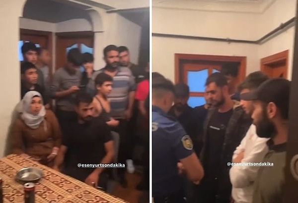 20-30 kişinin birlikte yaşadığı iddiası ile yapılan şikayet üzerine eve gelen polis ekiplerin kontrol gerçekleştirdiği sırada kaydedilen görüntüler de sosyal medyada paylaşıldı.