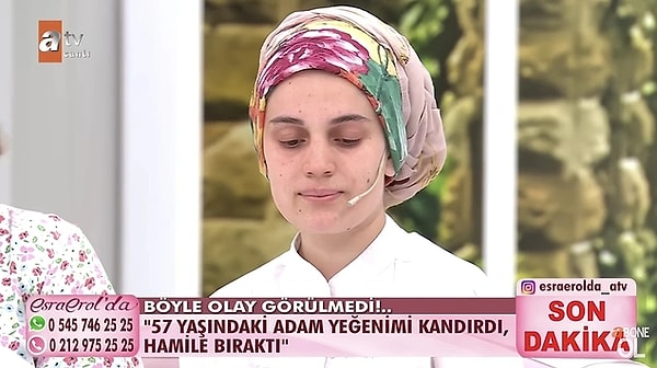 2. ATV ekranlarında yayınlanan Esra Erol'da programına katılan 18 yaşındaki Sümeyra, komşusu 57 yaşındaki Hüseyin Selen'den hamile kaldığını ve birlikte çekilen görüntülerle tehdit edildiğini anlattı.