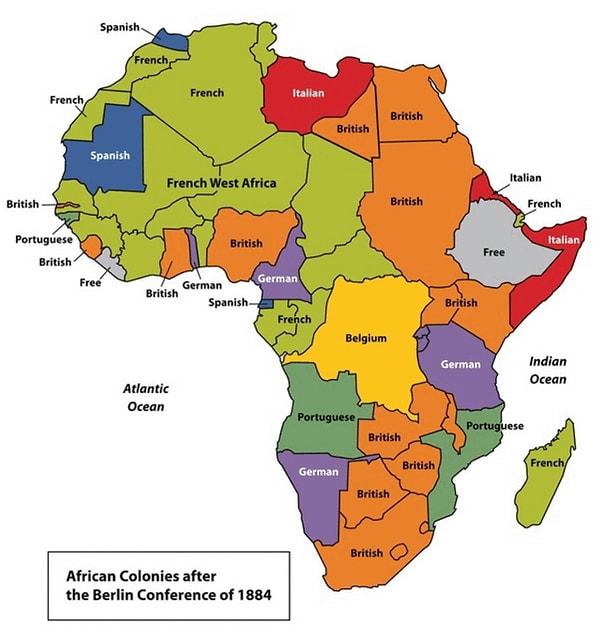 2. 1884'de çizilen Afrika'nın kolonize haritası.