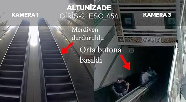 İBB tarafından paylaşılan yeni görüntülerde, bu gençlerin yürüyen merdivenleri orta butona basarak durdurduğu söylendi.
