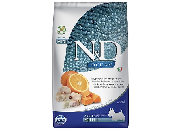 14. N&D Ocean Kuru Köpek Maması, Morina Balığı, Balkabağı & Portakallı, Yetişkin Mini, 2.5 kg