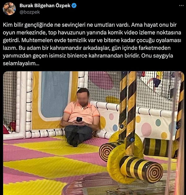 Bir sosyal medya kullancısı, bir baba olduğunu belirttiği kişinin, çocuk oyun alanındaki fotoğrafını paylaşarak şu mesajı yazdı: