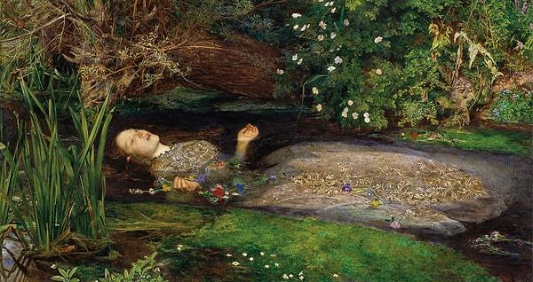 1. John Everett Millais'in 'Ophelia' tablosu, Hamlet'teki popüler bir karakteri tasvir ediyor. Eser, Ophelia'nın Danimarka nehrinde boğulurken trajik ölümünü içeriyor.