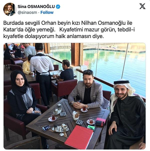 Sina Osmanoğlu son paylaşımında ise yukarıdaki açıklamayı yapan Orhan Osmanoğlu'nun kızı Nilhan Osmanoğlu ile birlikte olduğu bir fotoğraf paylaştı.