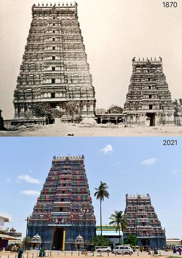 12. Kalaiyar Kovil tapınağı Gopuramları, Sivaganga bölgesi, Tamil Nadu, Hindistan. (1870 ve 2021)