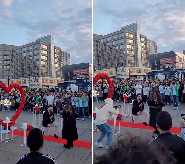 Avrupa'nın bir noktasındaki meydanda yaptığı hazırlık ile sevdiği kadına evlilik teklifi yapan adamı ise binlerce insan izlerken görülüyor.