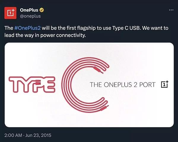 Çinli akıllı telefon üreticisi OnePlus, Apple'ın devrim olarak tanıttığı USB-C konektörünü 8 yıl önce kullanmaya başladığını tekrar hatırlatan bir paylaşım yaptı.
