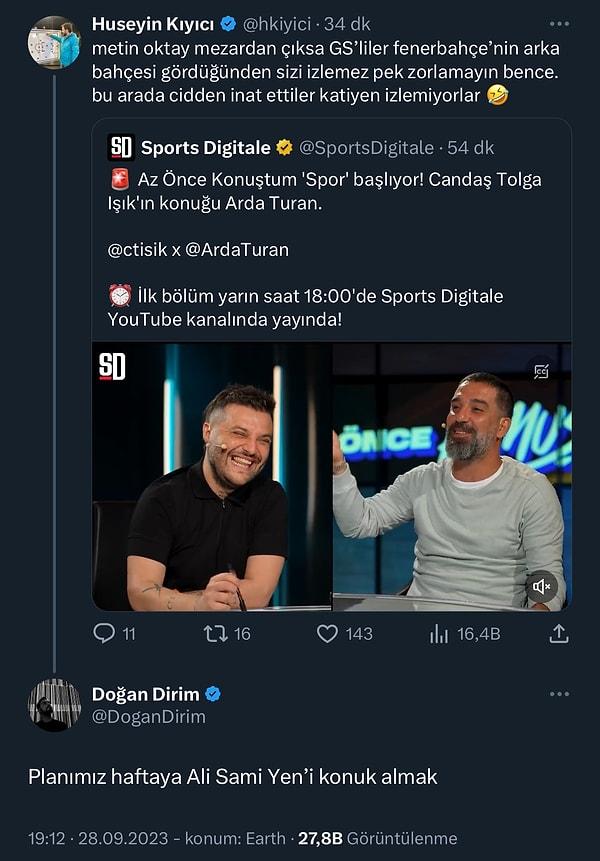 Sport Digitale kanalıyla Galatasaraylı taraftarlarların arasının açık olduğunu hatırlatan Hüseyin Kıyıcı'ya, SD'nin kurucu ortağı Doğan Dirim'den yanıt geldi.