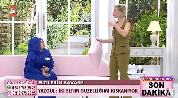 ATV'de yayınlanan Esra Erol'da programına katılan 44 yaşındaki Yazgül, eltileriyle yaşadıklarını canlı yayında anlattı. Eltilerinin güzelliğini, evini ve temiz olmasını kıskandıklarını belirten Yazgül'ün anlattıkları programa damga vurdu.