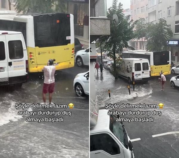 "@furkantunaa" isimli TikTok hesabından yapılan paylaşımda o vatandaşın duş aldığı anlar görülürken, yapılan paylaşımda "Yağmur durunca köpüklü kaldı" denildi.