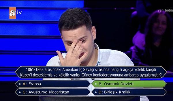19 yaşındaki yarışmacı, soru hakkında düşünürken kendisine en yakın cevabın Osmanlı Devleti olduğunu dile getiriyordu. Çekilen yarışmacı düşündüğü cevabı verseydi 5 milyon liralık soruyu açtırmaya hak kazanacaktı.