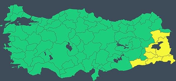 Sarı kodla uyarı yapılan iller ise: Ağrı, Bitlis, Hakkari, Mardin, Siirt, Van ve Şırnak.