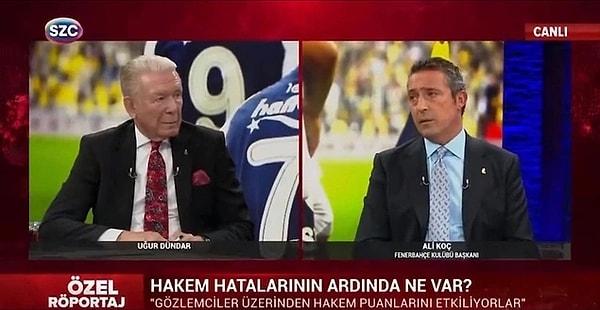Fenerbahçe Başkanı Ali Koç geçtiğimiz gün Sözcü TV ekranlarında sunuculuk yapan gazeteci Uğur Dündar'ın konuğu oldu. Uğur, Koç'un Türkiye Futbol Federasyonu (TFF) yönetimi ve hakemler hakkında açıklamalarda bulunduğu programın sosyal medya reytinginin tüm yapımları solladığını duyurdu.