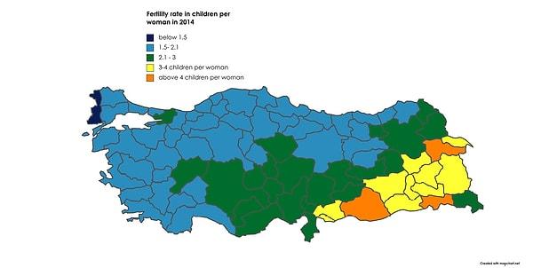 Türkiye haritası üzerinden bakıldığında da iller bazında değişkenlik göze çarpıyor. 2014 yılında Türkiye genelinde 1,5-3 olan ortalama,