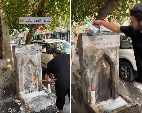 Daha önce de Diyarbakır'da bir şadırvanı temizleyen Suriyeli genç bu defa bir çeşmeyi temizledi.
