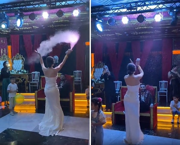 Elindeki kar spreyi ile birlikte damada özel dans şovu yapan gelinin o anları ise sosyal medyada gündem oldu.