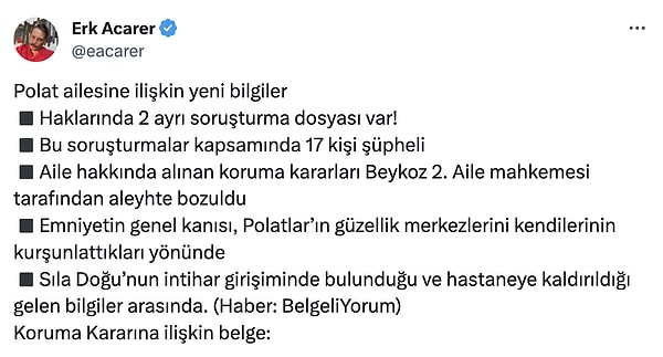 Erk Acarer'in yeni bilgileri paylaştığı söz konusu tweet'i de şu şekilde...