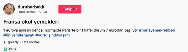 Geçtiğimiz günlerde 'durubarbakk' adlı TikTok kullanıcısı, Paris'teki okulundaki bir öğüne ne kadar ödediğini ve menüde yer alan yemekleri paylaştı👇