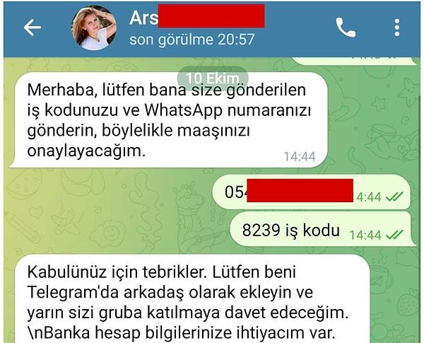 WhatsApp konuşması ilk "işten" sonra Telegram'a yönelerek iletişim için link gönderiliyor.