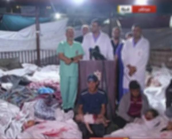 Son olarak Filistin Sağlık Bakanlığı yetkililerinin vurulan hastanenin önünde, ölenlerin arasında basın toplantısı düzenlediği görüldü.