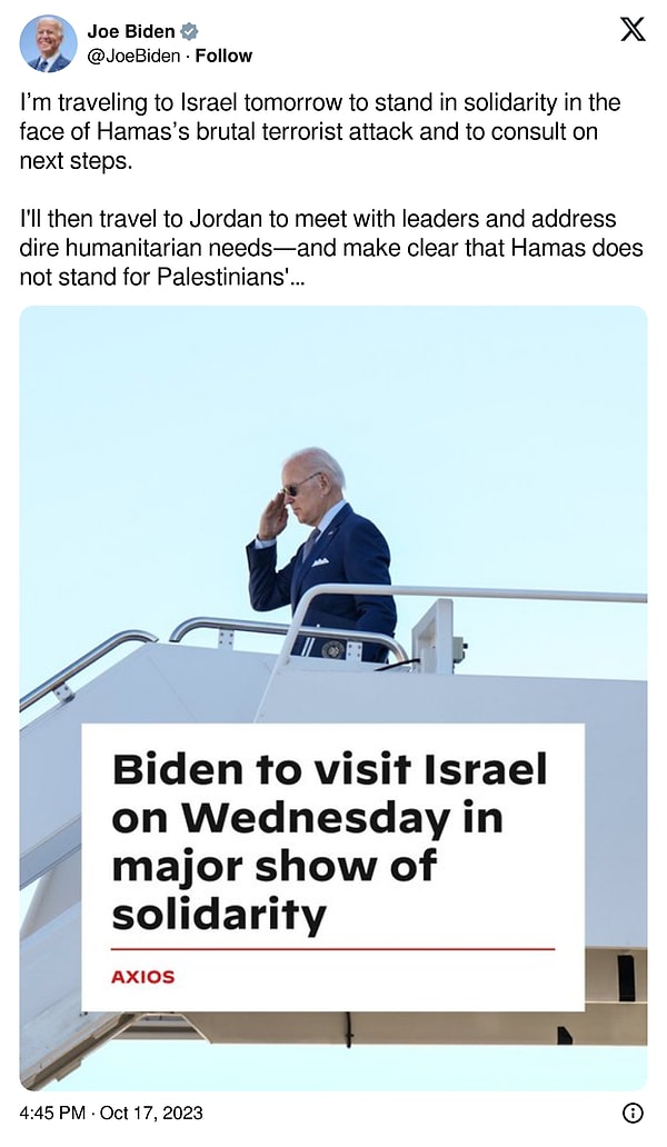 Öte yandan ABD Başkanı Joe Biden, 18 Ekim Çarşamba günü İsrail'e bir ziyaret gerçekleştireceğini duyurmuştu.