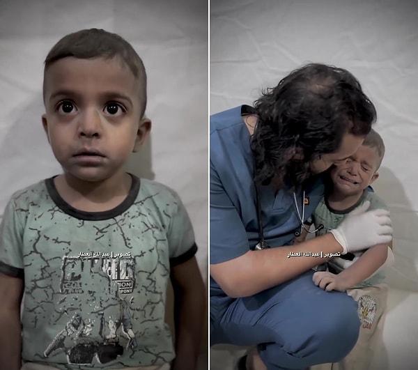 El-Ehli Baptist Hastanesi'ne yapılan hava saldırısından sağ olarak çıkan bir çocuk ise korkudan titremeye başladı. O çocuğu hastanede bulunan bir doktor sarılarak sakinleştirdi.