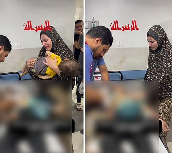 Akşam saatlerinde El-Ehli Baptist Hastanesi'ne yapılan hava saldırısı sonrasında çocuklarını kaybeden bir annenin çocuklarına veda ettiği anlar sosyal medyada paylaşıldı.