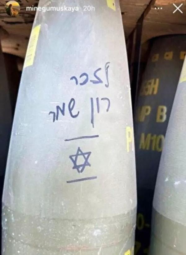 Gümüşkaya'nın bir başka paylaşımında ise üzerinde İbranice yazıların bulunduğu bombalar yer aldı.