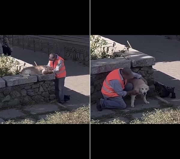 Sosyal medyada paylaşılan bir görüntüde, bir temizlik işçisinin sokak köpeği ile kurduğu arkadaşlık görülüyor.