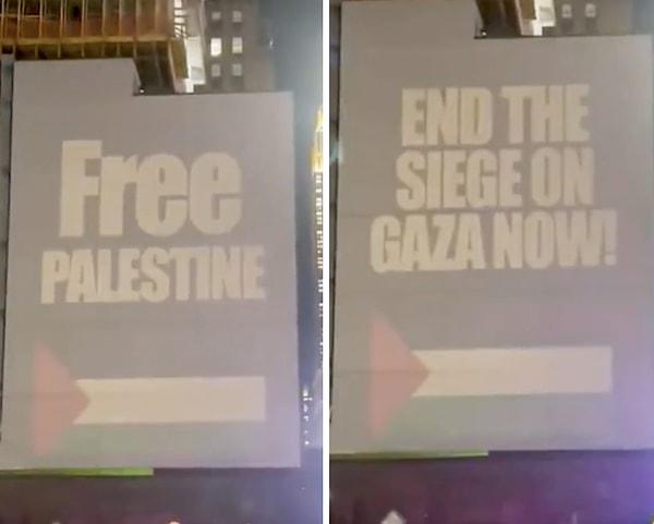 Birden'ın İsrail'e olan desteğinin ardından New York'ta bir reklam panosunda, hem İsrail'e hem de Biden'a tepki mesajı yayınlandı.