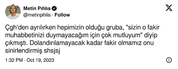 Bir süre Kıvanç Talu ile aynı sahneyi paylaşan Metin Pıhlıs'ın X (Twitter) paylaşımını da buraya bırakalım 👇