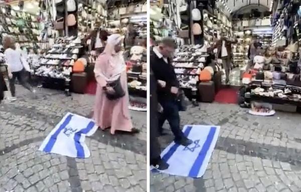 İstanbul'da bir esnaf, dükkanın önüne İsrail bayrağı serdi.