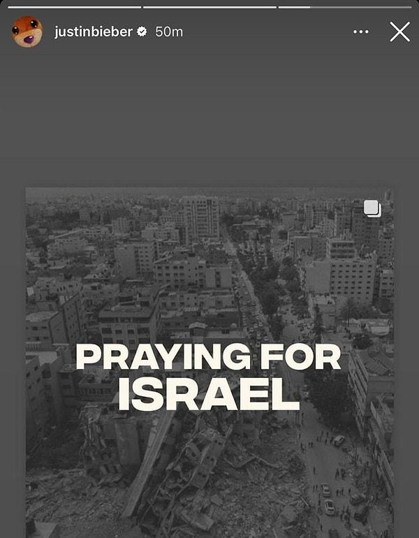 4. İsrail'i desteğini açıklayan Justin Bieber ise paylaşımında Gazze'nin fotoğrafını kullandı.