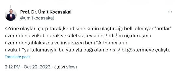 Mine Kırkkanat hakkında, olayları çarptırarak kendisini Adnan Oktar Örgütü mensuplarını savunmakla itham ettiğini söyleyen Ümit Kocasakal'ın paylaşımı.