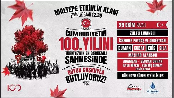 İstanbul Büyükşehir Belediye'sinin büyük kutlamaları ise Maltepe Etkinlik Alanı'nda olacak.