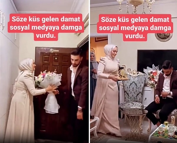 Paylaşılan görüntülerde eve girerken görülen damat, elindeki çiçeği müstakbel eşine verirken yüzüne bakmadığı görülüyor.