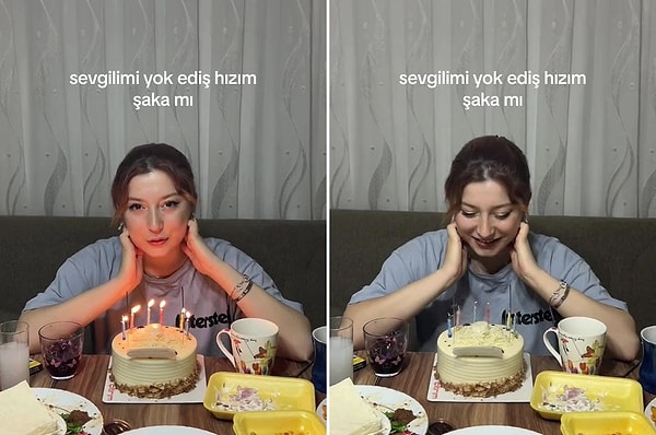 "@b.ozdeemiir" ismiyle TikTok'ta paylaşımlar yapan kadının mumları üflemeden önce dilek tuttuğu anlarda sevgilisi 'Beni karıştırma' diyor.