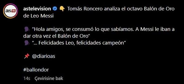 yorumcusu Tomás Roncero'nun videosuna yorum yapan Ronaldo, Lionel Messi'nin haksız şekilde ödül kazandığını iddialarına gülerek destek verdi.