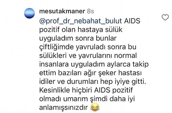 İçeriğe konu olan olay ise Prof. Dr. Nebahat Bulut'un sülükle AIDS tedavisi yaptığını iddia eden biriyle karşılaşmasına dayanıyor.