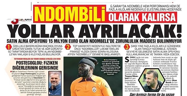 Fazla kilolarıyla gündeme gelen Galatasaray'ın futbolcusu Ndombele'ye yer veren Hürriyet, futbolcunun isminin geçtiği başlığı "Ndombili" olarak yazmış.