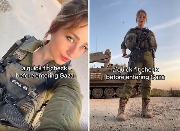 İsrailli bir kadın asker de kara operasyonu öncesi yaptığı bir paylaşım ile tepki çekti. O kadın asker, üniforması ile 'kombin kontrolü' yaptı.