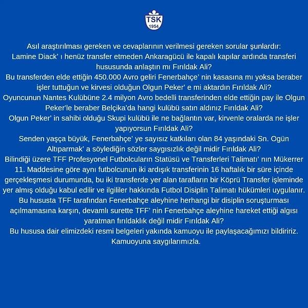 Lamine Diack transferiyle ilgili Fenerbahçe Başkanı Ali Koç'a yönelik sorular sorulan açıklamanın ikinci kısmındaki ifadeler oldukça sertti👇