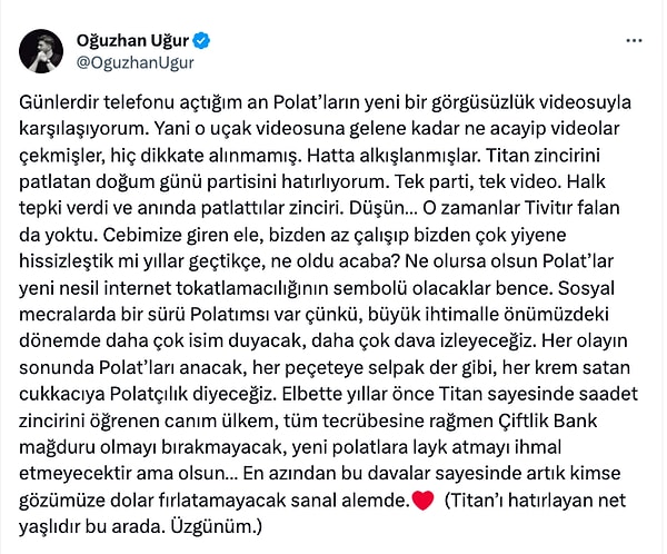 Sosyal medyada gördüğümüz Polat ailesi ve benzeri fenomenleri "yeni nesil internet tokatçısı" olarak değerlendiren Uğur, önümüzdeki süreçte pek çok davanın daha gün yüzüne çıkacağını söyledi.