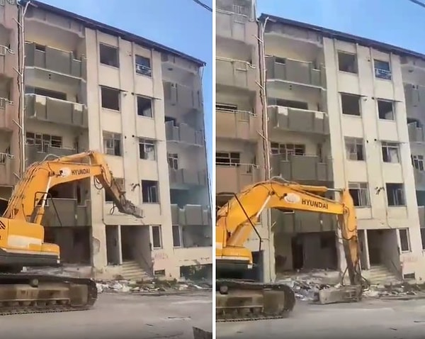 Depremde hasar gören bir binayı yıkmak için gelen bir buldozer, binaya dokunmadan binayı yıkmayı başardı.