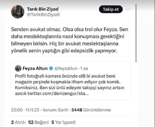 Altun'un kendisi hakkında yazanlara verdiği cevabın ardından bir sosyal medya kullanıcısı "Senden avukat olmaz. Olsa olsa trol olur Feyza." dedi.