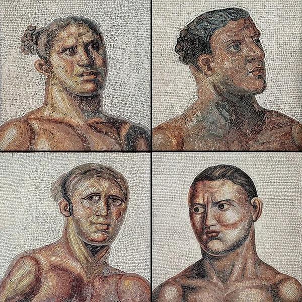 1. Roma'daki Caracalla Hamamı'nda bulunan büyük Roma mozaiği üzerinde detaylıca tasvir edilen sporcu yüzleri.