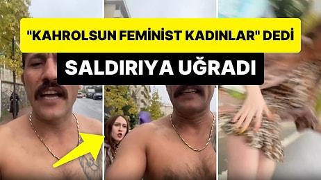 'Kahrolsun Feminist Kadınlar' Diyerek Video Çekerken Mor Çantalı Kadının Saldırısına Uğrayan Adam