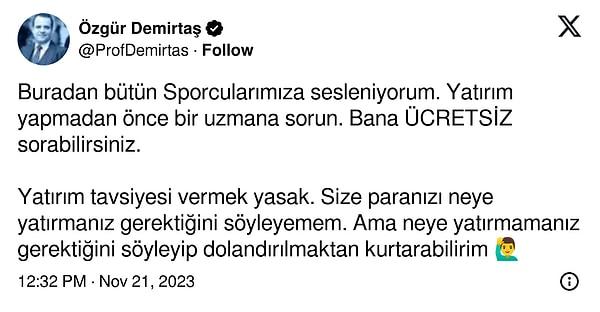 Sosyal medyada "hayrına" finansal okuryazarlık öğretilerini yıllardır sunan Prof. Dr. Özgür Demirtaş da Arda Turan'ın ifadesini alıntılayarak şu teklifi sundu.
