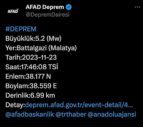 İlk sarsıntının ardından Malatya'da ikinci bir deprem daha meydana geldi. AFAD depremin büyüklüğünü 4,7 olarak açıkladı. İlk depremden yaklaşık 3 dakika sonra gerçekleşen deprem 6.36 kilmotre derinlikte oldu.